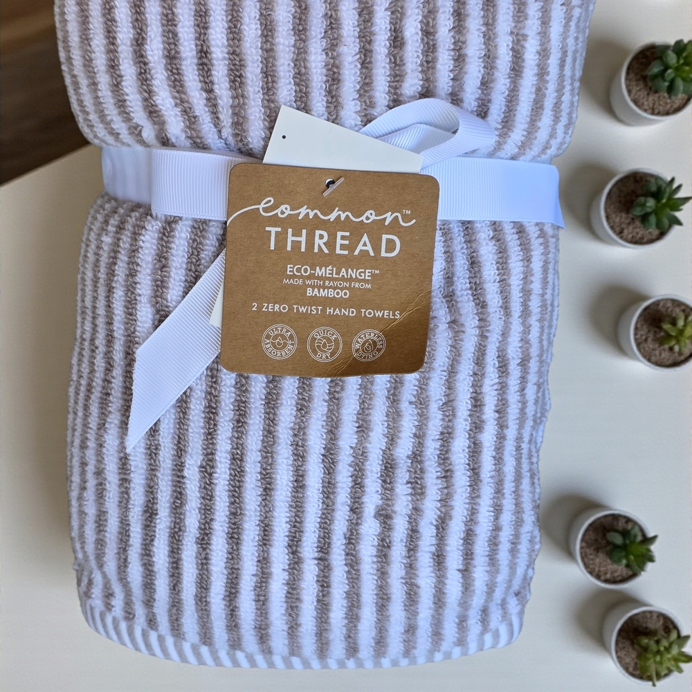 Common Thread Hand Towels S/2 Eco-Melange Bamboo  - Tan White Khaki  Striped